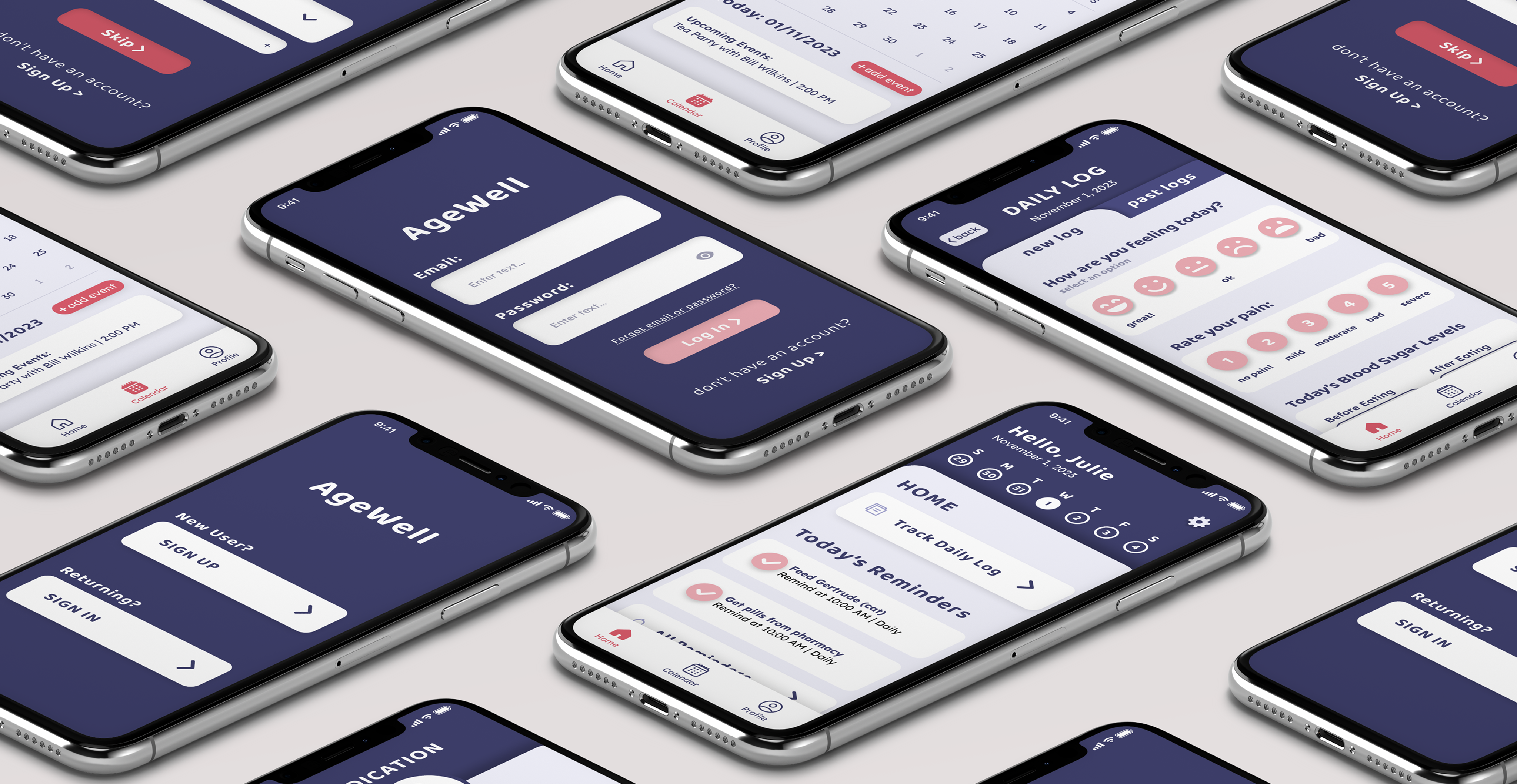 Phones laid out in an isometric view showcasing the screens for the AgeWell app
