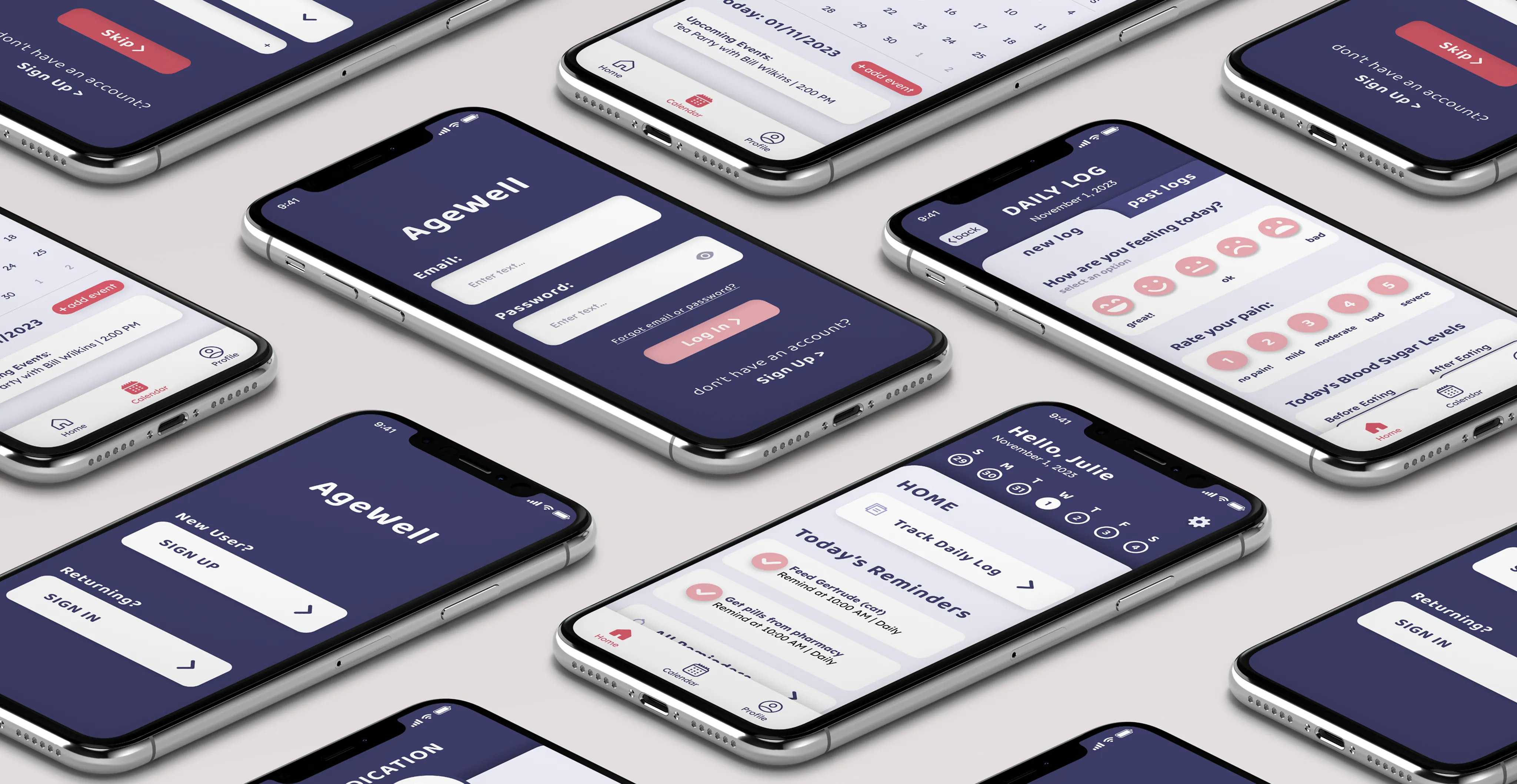 Phones laid out in an isometric view showcasing the screens for the AgeWell app